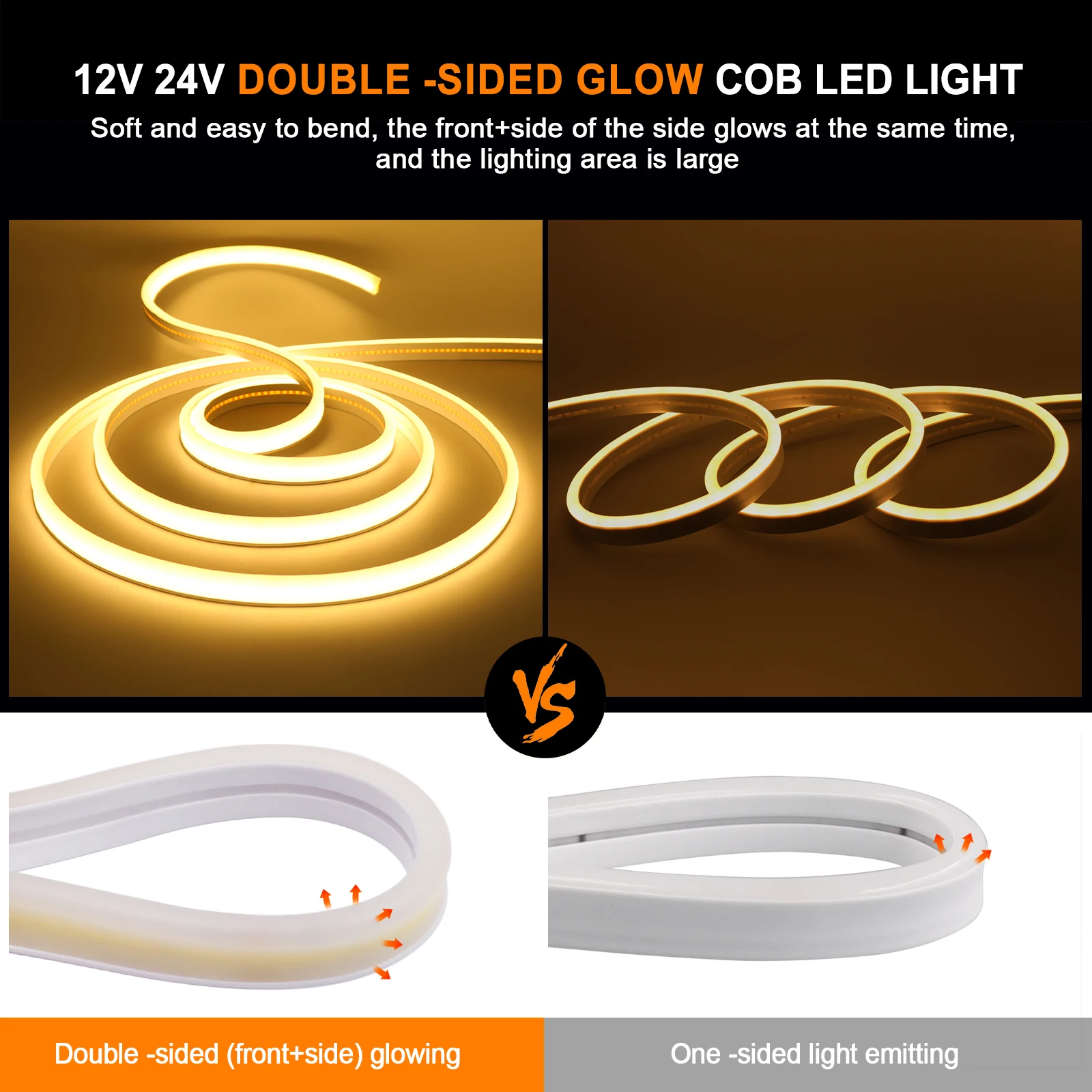 Светодиодная лента 12 в 24 В COB суперъяркая 320 светодиодов/м RA90 IP65 водонепроницаемая