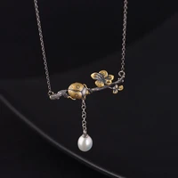 vintage real silver 925 pearl insect plant necklaces for women fashion ladybug branch necklace chain jewelry on the neck xl010