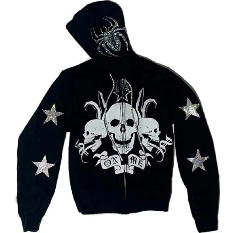 

Skeleton Oversized Full Zip Up Over Face Y2k Embroidery Hoodies Women Jacket Japanese Lady Vintage Loose Loose Lady Hoody Long