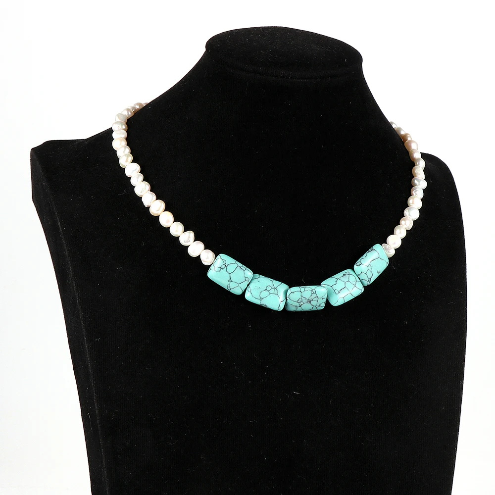 

Luxury Women Freshwater Pearls Necklace RectangleTurquoise Quartz Gemstone Beaded Choker Party Wedding Jewelry Free Shipping