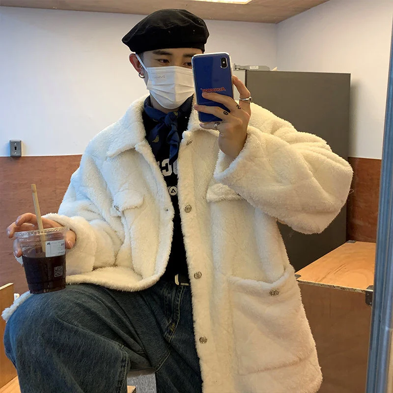 Winter Thick Jacket Men's Warm Fashion Black White Thick Lambswool Coat Men Korean Loose Short Coat Mens Large Size M-5XL