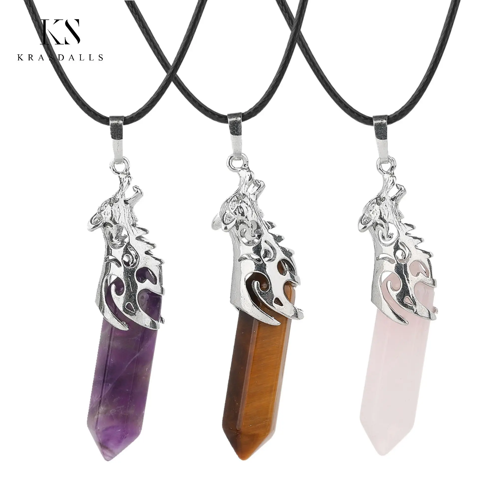 

Crystal Wolf Head Pendant Necklace Healing Quartz Stone Hexagonal Point Bead Charm Necklaces for Men Birthday Gifts