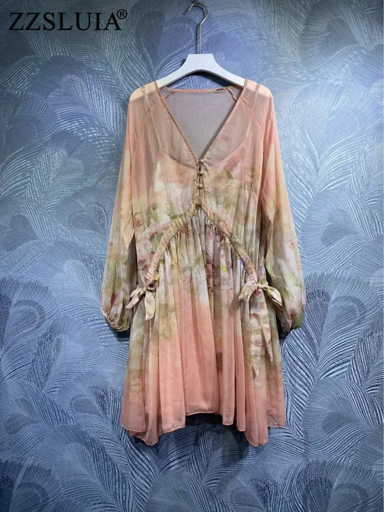 

ZZSLUIA Vintage Dresses For Women Floral Printed Draw String Designer Loose Dress Fashion Long Sleeve Female Clothing