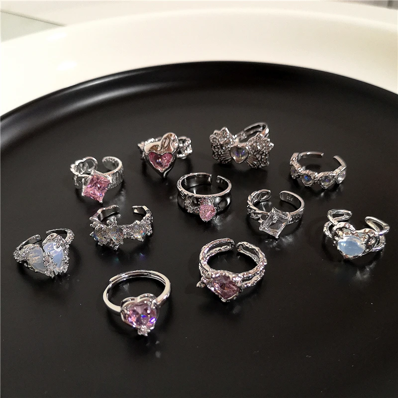 Kpop Goth Luxury Vintage Aesthetic Pink LOVE Heart Open Metal Ring For Women BFF Wedding EMO Y2K Accessories 90s Grunge Jewelry