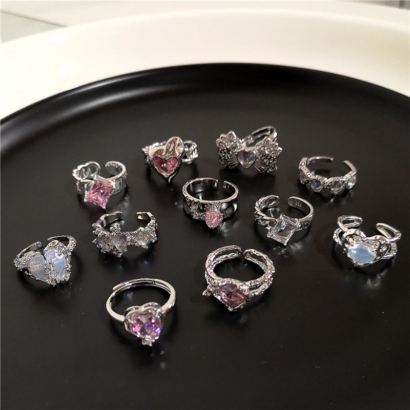 2022 Kpop Goth Luxury Vintage Эстетические розовые драгоценные камни LOVE Heart Открытое кольцо