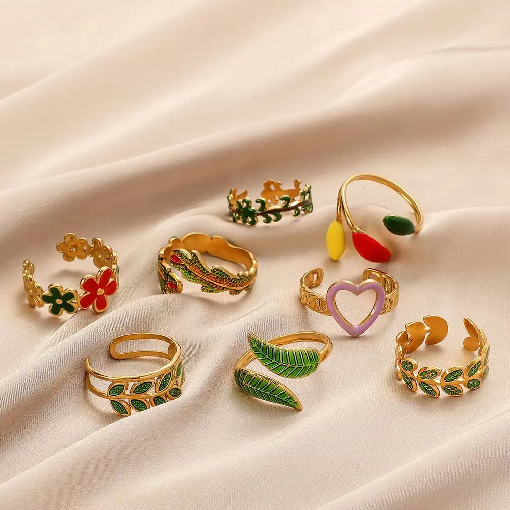 

Minar Simple Multiple Rainbow Enamel Love Heart Leaves Flower Charm Rings for Women Gold Stainless Steel Adjustable Open Ring