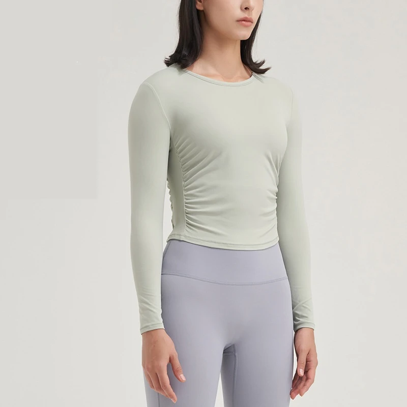 Solid Color Women Sports Tops Round Neck Long Sleeve Yoga Shirts Tight Thin Waist Folds Fitness T-shirt Gym Workout Sportswear