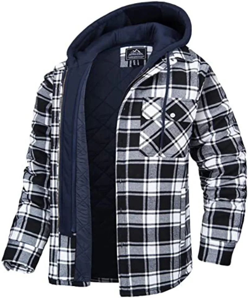 2022 Best Men's Wear European and American Autumn and Winter Heavy Cotton Shirt Plaid Long Sleeve Loose Hooded Jacket Coat
