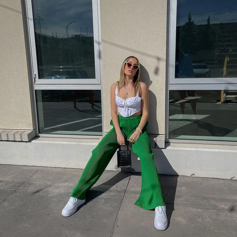 

New Fashion Boot Cut Pants Women 2022 Summer Elastic Waist Flare Straight Pants Green Slim Long Streetwear Casual Solid Pants
