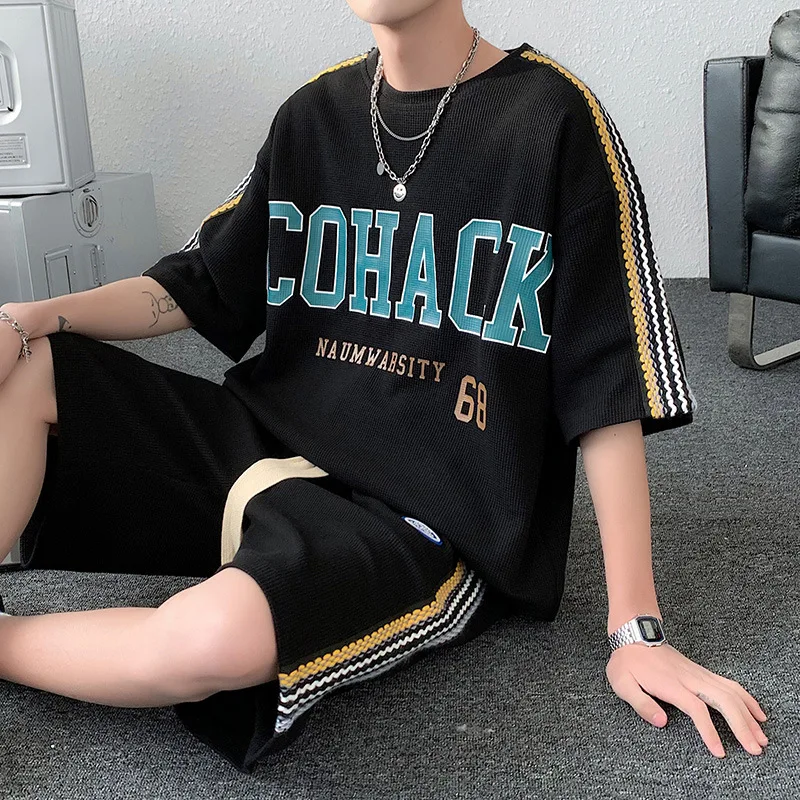 Men's Set 2 Pieces Summer Shorts and T-Shirt with Side Tape New in Matching Sets Short Sleeve Tee Sports Tracksuit Luxury Suit