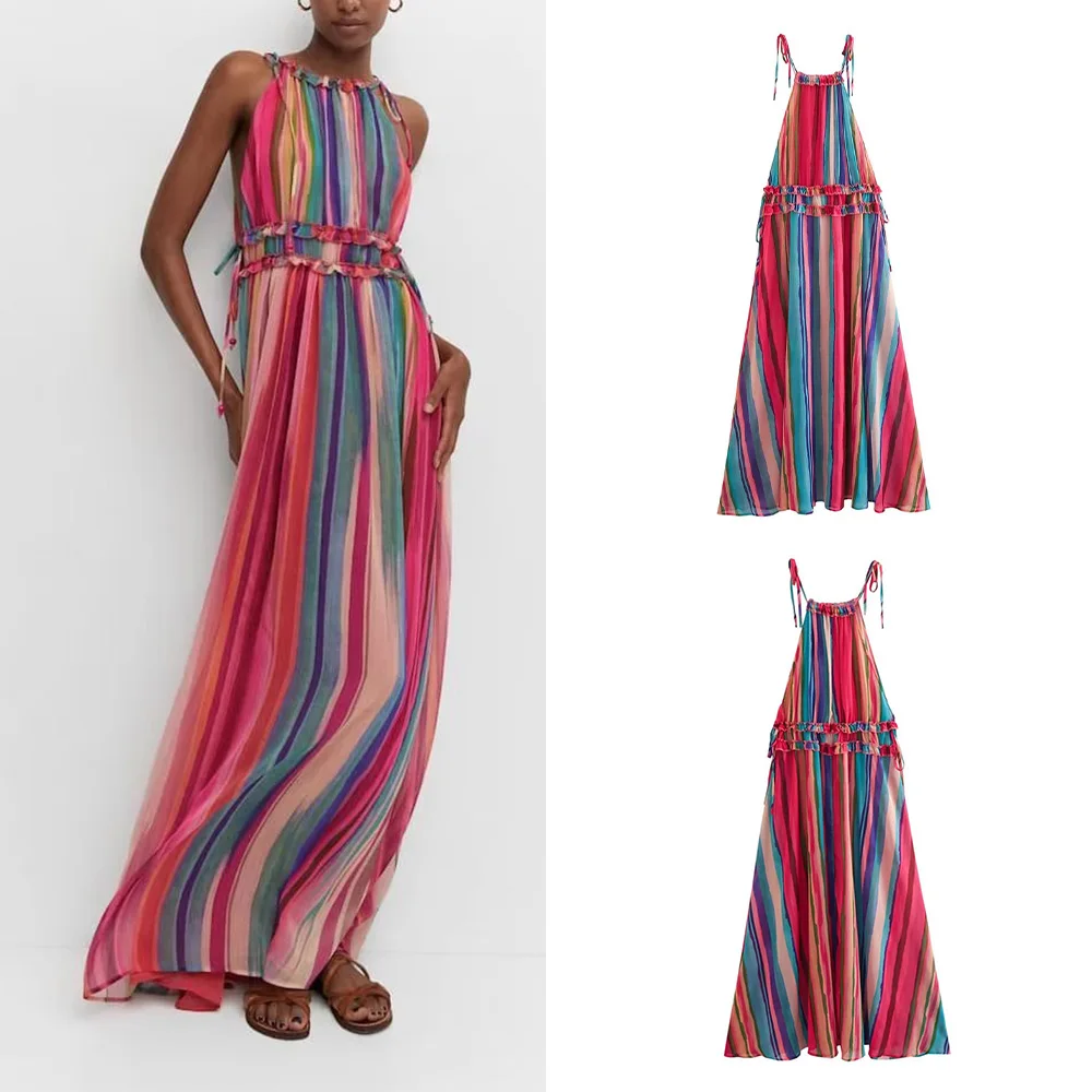 

PB&ZA summer new women's temperament fashion resort style chic stitching striped long halter dress