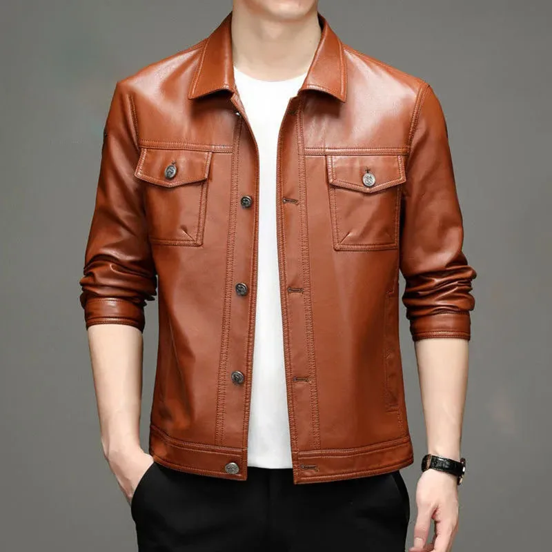 Мужская повседневная куртка из натуральной кожи однобортное короткое пальто с