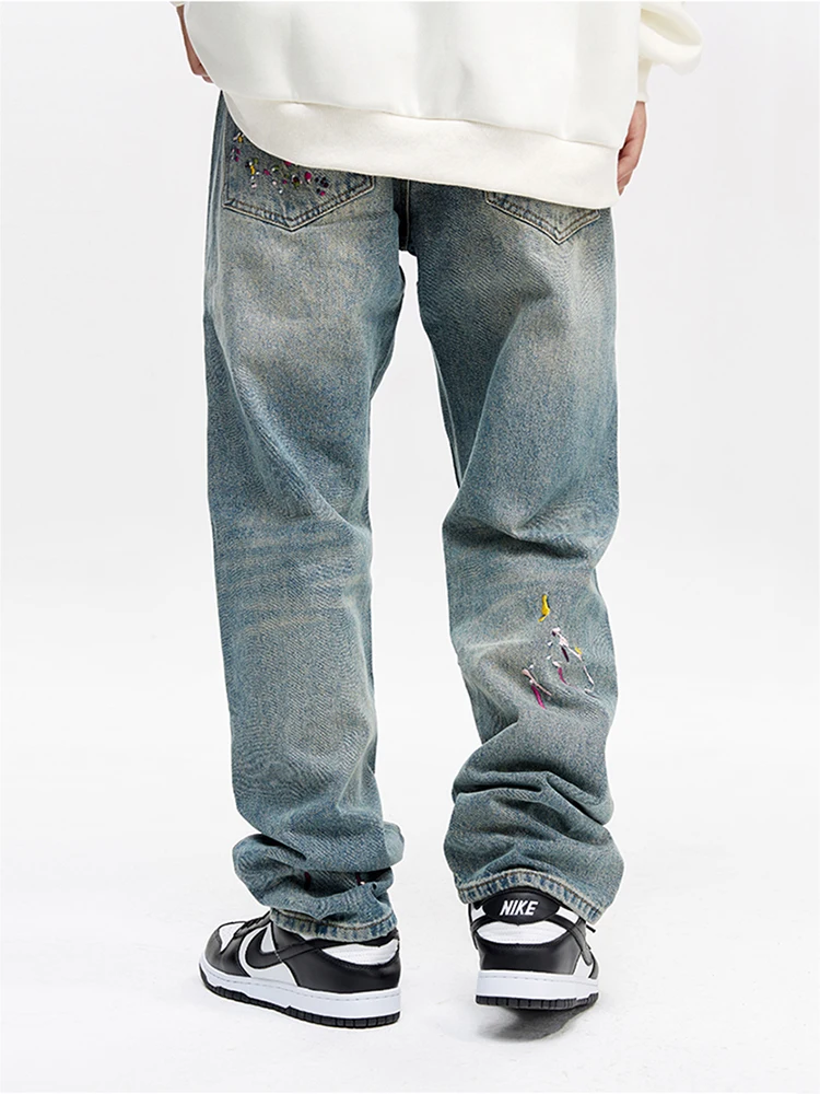 European and American Men's Y2K Elastic Jeans Comfortable Embroidered Blue Jeans Trendy Casual Pants Brand Clothing Men Pants