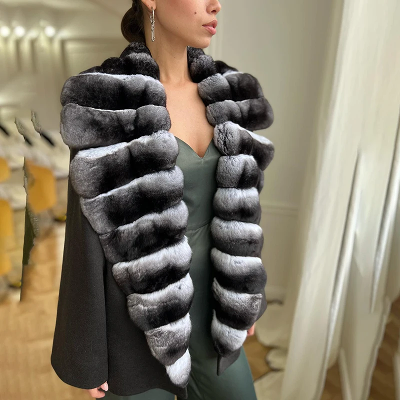 Genuine Chinchilla Fur Collar Patchwork Woolen Jacket Women Fashion Warm Outertwear Natural Rex Rabbit Fur Black Wool Coat Lady