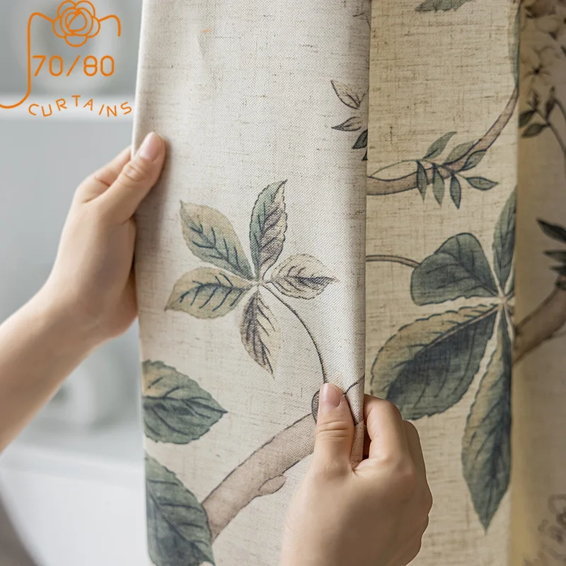New Flower and Plant Active Printing Cotton and Linen Thickening Blackout Curtains for Living Room Bedroom Finished Product
