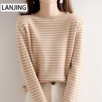 winter pullover crew neck sweater womens pile collar bottoming shirt slim fit knitted sweater womens striped
