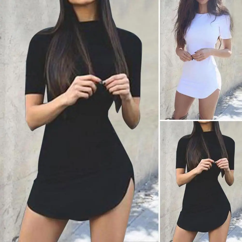 

O-Neck Short Sleeve Arc Hem Bodycon Dress Mini Tight-Fitting Hip Wrap Summer Dress Streetwear