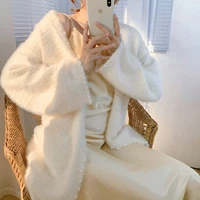 mohair white cardigan 2021 autumn long sleeve mid length womens plush knit long cardigans elegant temperament sweater pearl