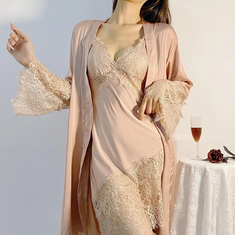 

Sexy Lace Wedding Robe Set Female Kimono Bath Gown Hollow Out Satin Bridal Bathrobe&Nightgown Loose Intimate Lingerie