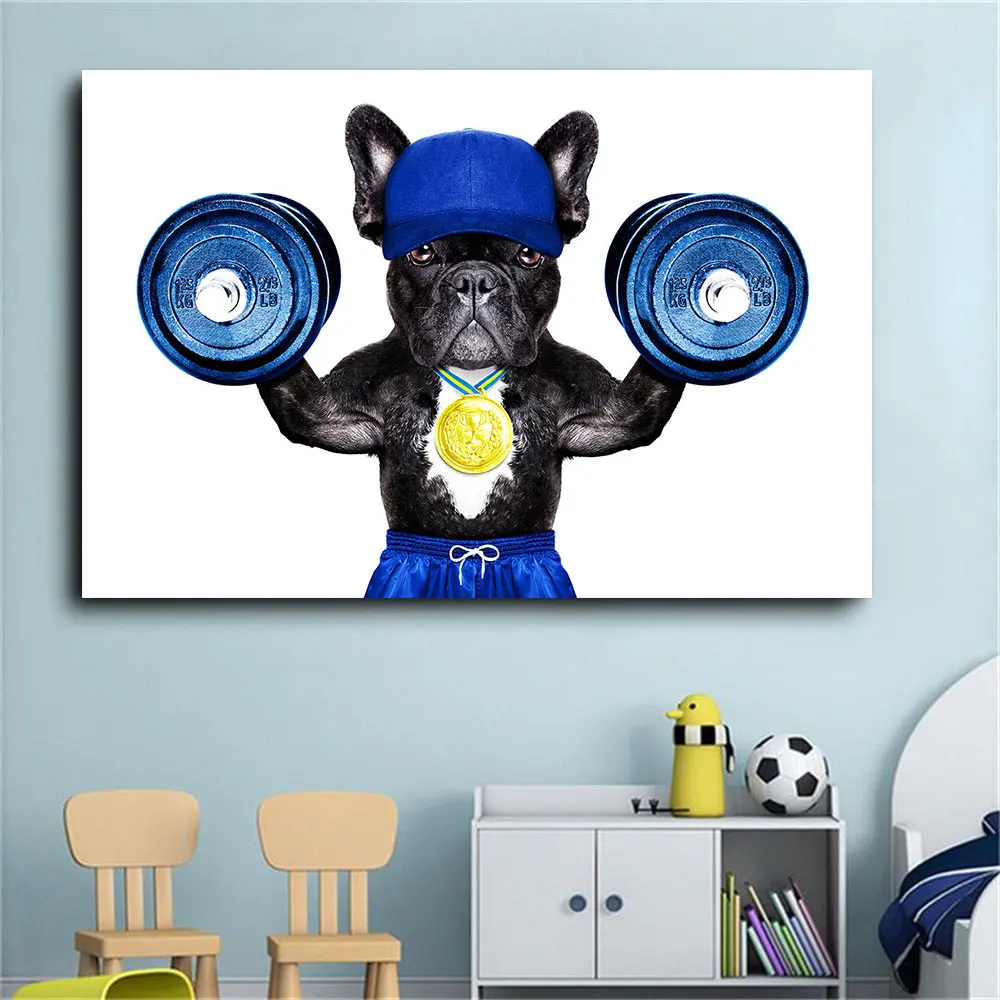 

French Bulldog Fitness Sport Wall Art Abstract Dog Champion Posters Nordic Canvas Painting Gym Wall Decor Room Home Decoration
