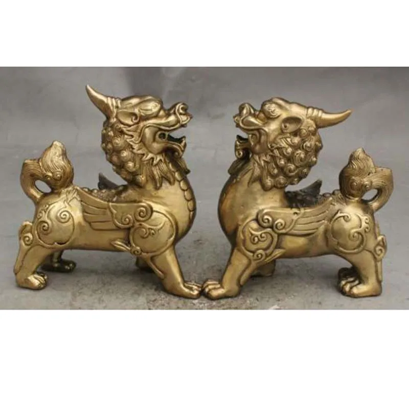 

10CM FengShui Brass Guardian Wealth PiXiu Brave troops Pair Old Statue