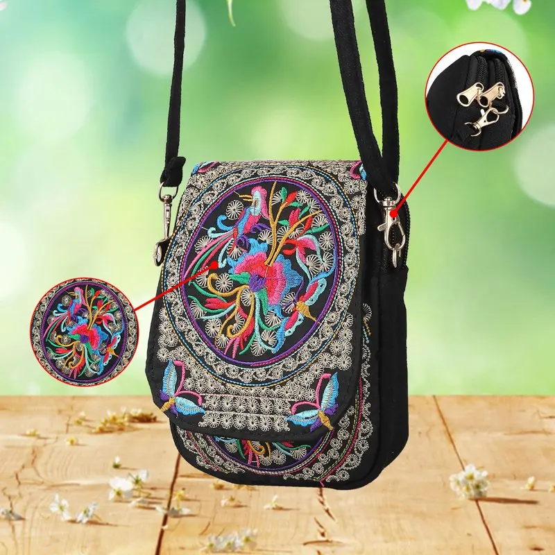 4.33 in Women Retro Embroidery Printed Handmade Mini Lovely Crossbody Handbag Pouch Small Cellphone Purse Coin Bag 5.51 x 4.33