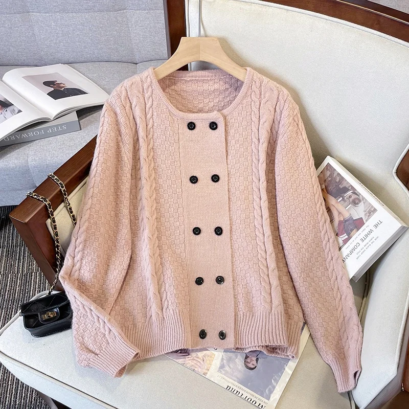 Женский пухлый двубортный вязаный кардиган стройнящая верхняя одежда осенняя и