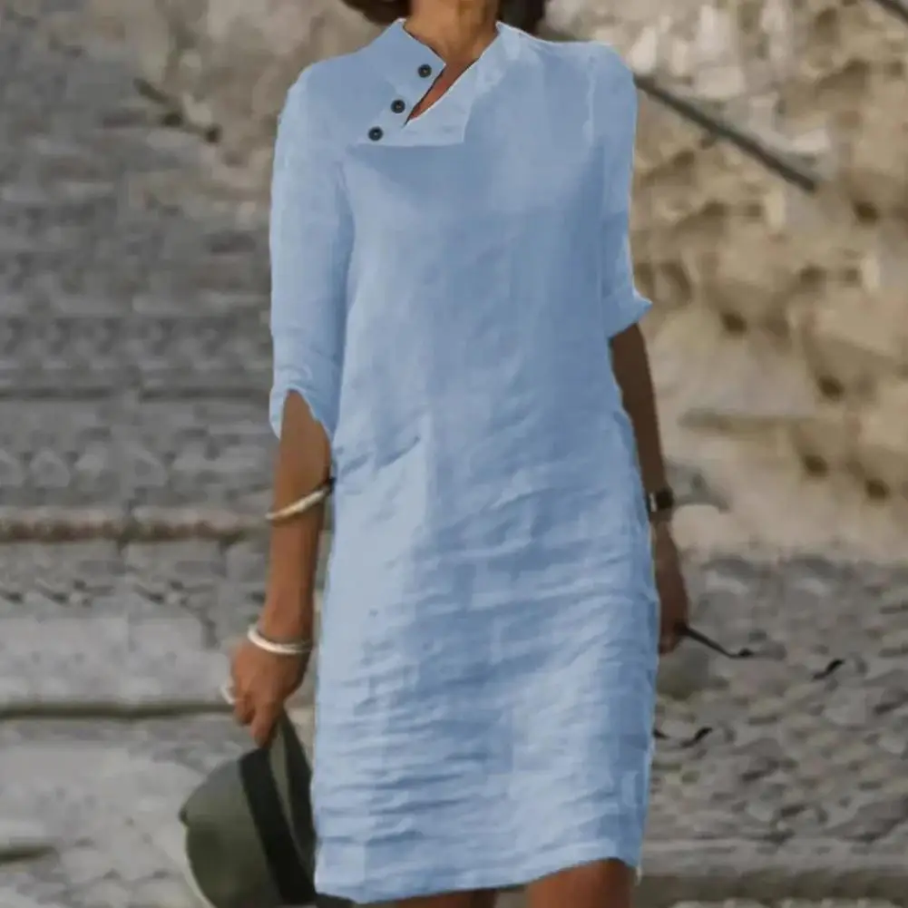 

Casual Solid Pullover Dresses Women Spring Cotton Linen Loose Medium Length Dress Retro Stand Collar Half Sleeve Commuter Dress