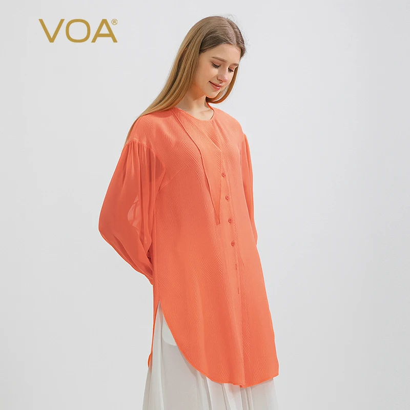 

(Clearance Sale) VOA Jacquard Silk Orange O-neck Single-breasted Three-dimensional Decorative Long-sleeved Silk Shirt New BE1061