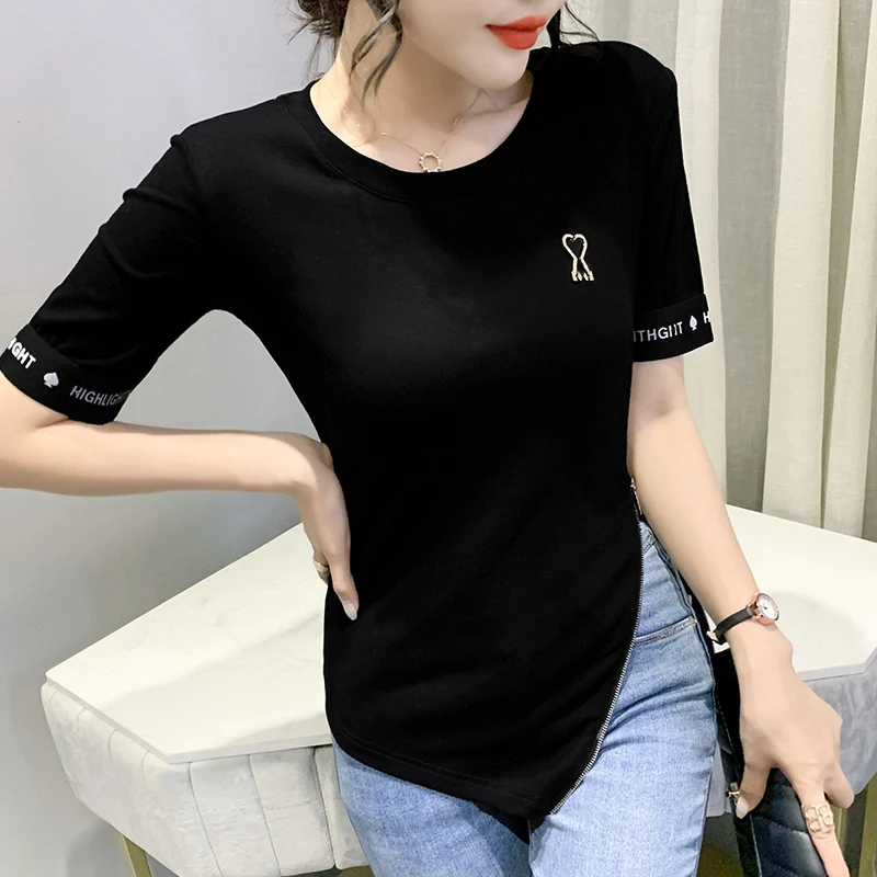 

2023 New Summer Korean Clothes Cotton T-Shirt Chic Sexy Irregular Cross Zipper Letter Women Short Sleeve Tops Spliced Tees 32409