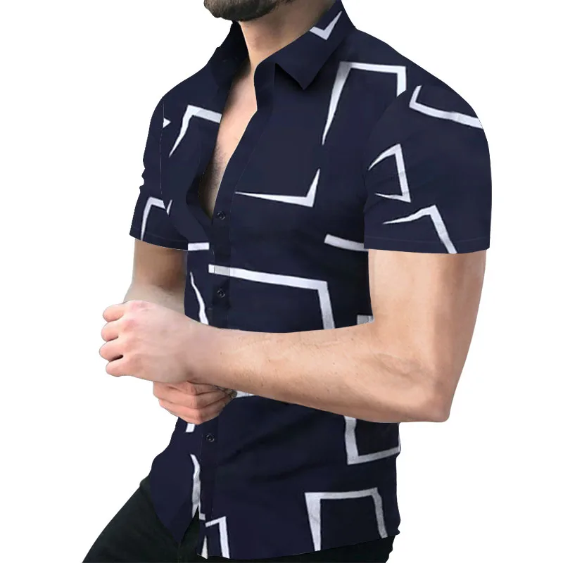 

Men's Shirt Geometry Short Sleeve Hawaiian Social Button Up Cardigan Blouses Wholesale 2022 Single Breasted Lapel Shirt S-3XL