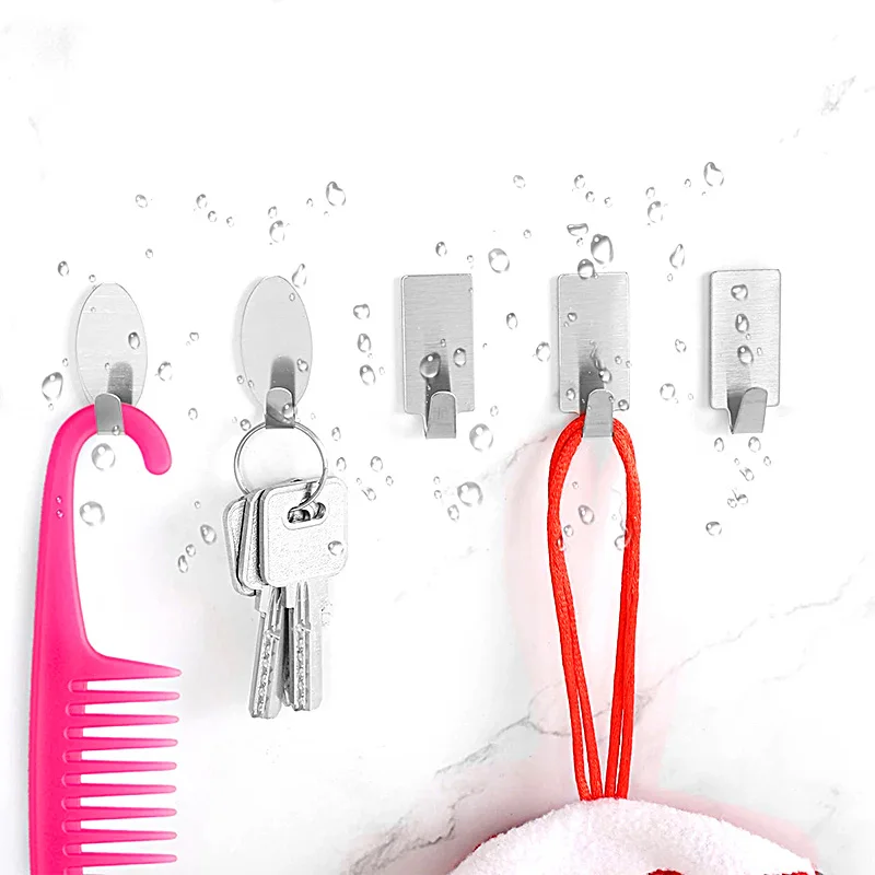 

6pcs Stainless Steel Self Adhesive Stick Hooks Kitchen Silver Wall Strong Door Elliptical Rectangular Sticky Hook Universal