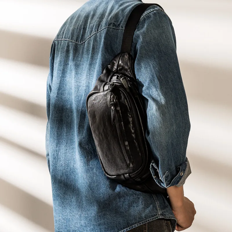 Simple casual luxury natural genuine leather men's black chest bag fashion outdoor sports light teens shoulder crossbody bag