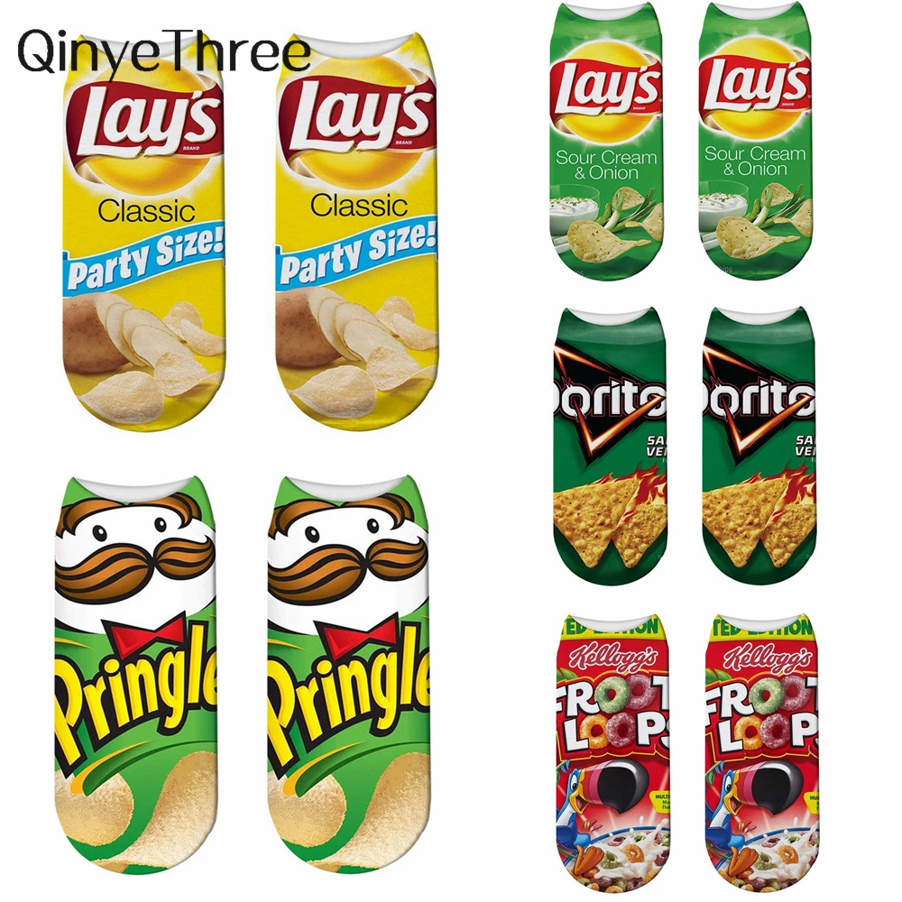 

New Funny Cartoon Foods Low Ankle 3D Printed Potato Chips Fries Short Socks For Women Men Summer Spring Dropship