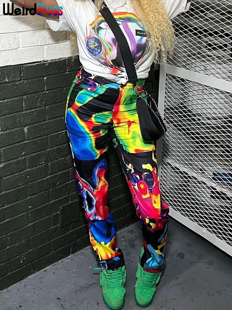 

Weird Puss Y2K Colorful Graffiti Straight Pants Women Hip Hop Casual Vintage Trend Wild Streetwear Sporty High Waist Trousers