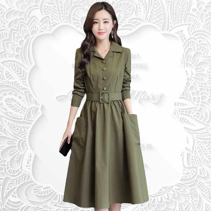 

New Spring Autumn Women Pure Color Leisure Belt Long Sleeve Dress New Shirt High Quality Long Dress