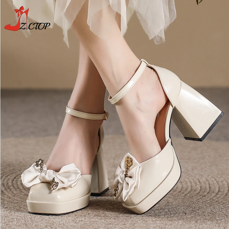 

White Platform Heels Women Chunky Heel Mary Jane Sandals Summer 2023 New Bow Elegant Heeled Pumps Buckle Women' Wedding Shoes