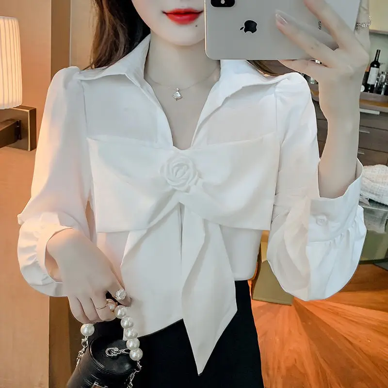 

2022 Early Spring Women French Chic Bow Long Sleeve Shirts Female Slim Pullover Shirt Top Ladies Solid Color Chiffon Blouse F222