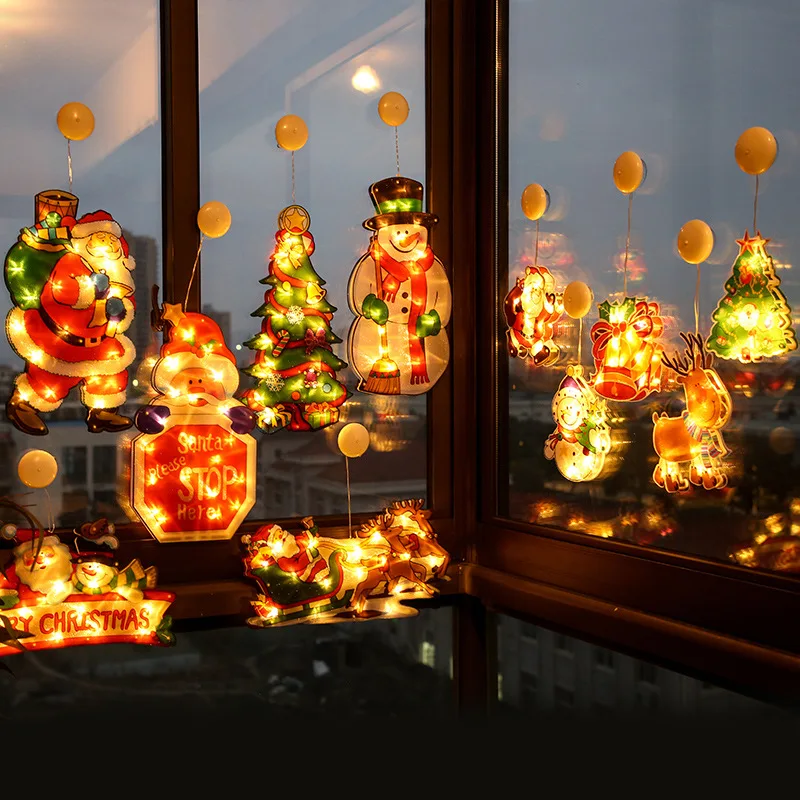 

Christmas Day Decoration Lights Window Stickers Santa Claus Snowman Elk Deer Shaped Window Battery Sucker Lights Holiday Lights