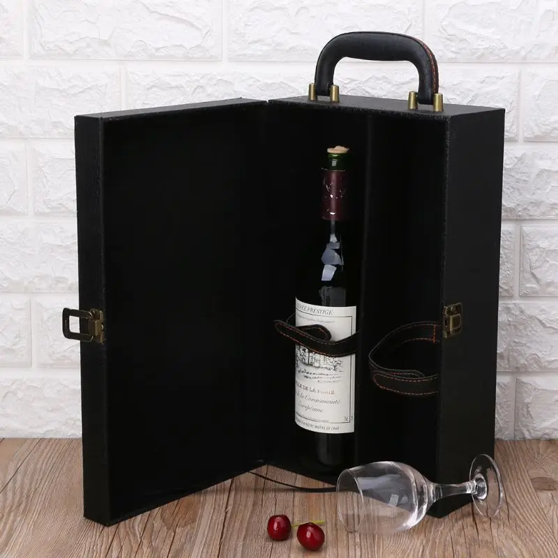 

F63A Wine Bottle Box Leather Luxury Bag 2 Red Wine Champagne Tote Carrier Handle Travel Case Organizer Gift