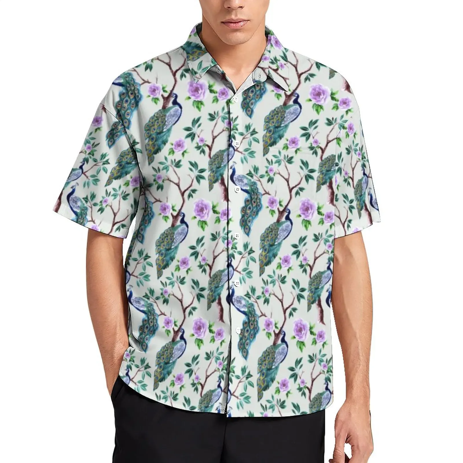 

Vintage Birds Beach Shirt Peacock in Flowering Tree Hawaiian Casual Shirts Men Y2K Blouses Short Sleeve Graphic Clothes 3XL 4XL