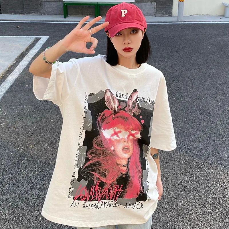 Хип-хоп Harajuku футболка оверсайз Футболка с принтом кролика для девочек 2023 Мужская