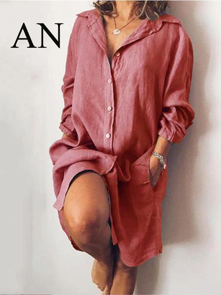 Женское длинное платье-рубашка с двойным карманом свободное однотонное