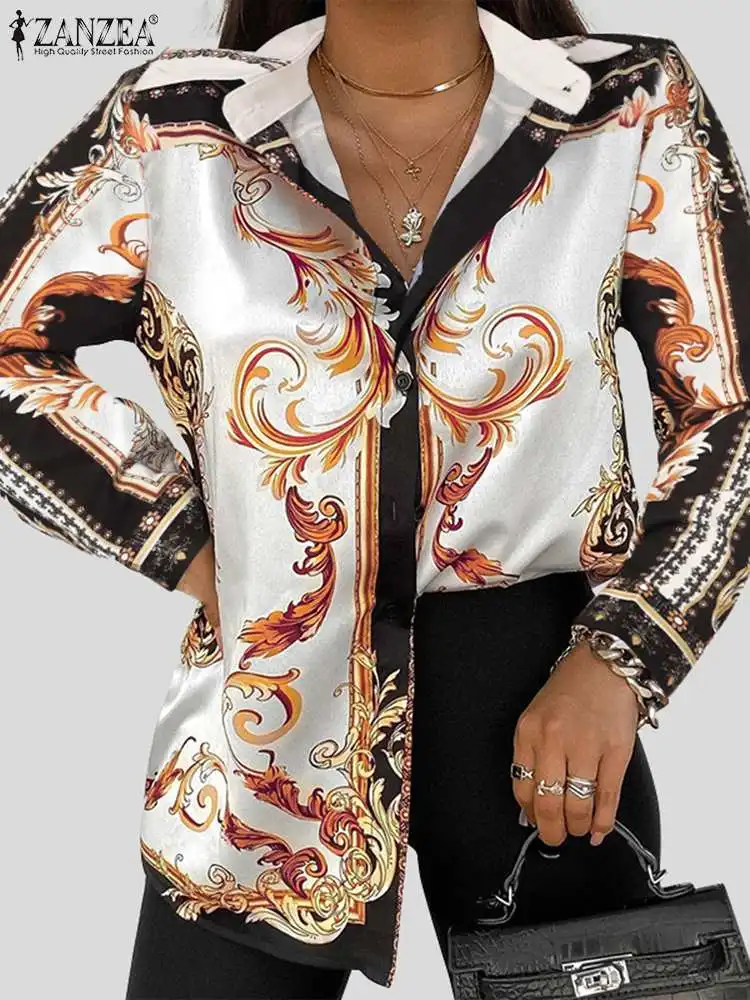 

ZANZEA Fashion Lapel Retro Blouse Women Long Sleeve Shirt Vintage Printed Cropped Tops 2022 Autumn Oversize Holiday Button Blusa