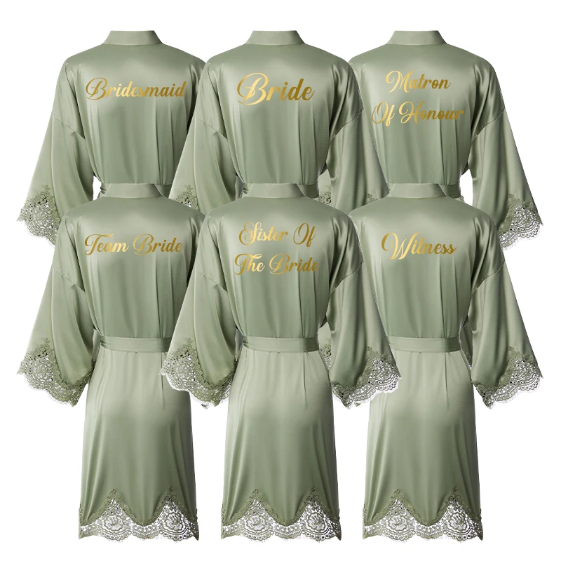 Sage Green Bridesmaid Robes Matte Satin Robe Team Bride Lace Robe Polyester Godmother Night Wedding Robe Fashion Dress Women