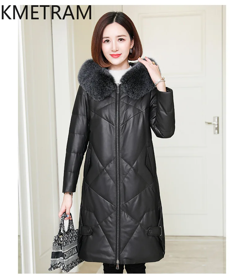 Женская куртка-пуховик из натуральной кожи белого гусиного пуха длинные