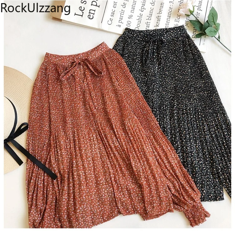 

Korean Style Women Ladies Floral Chiffon Pleated Long Sleeve Neck Tie Bow Shirt Fall Spring Blouse Fashion Boho Blusas Vintage