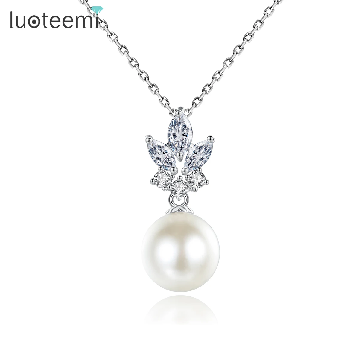 

LUOTEEMI Cute Fashion Imitation Pearl Pendant Necklace Trendy Cubic Zirconia CZ Flower Pendants Girl Jewelry Gift Women Party