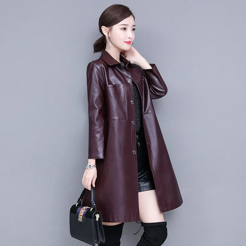 Autumn Winter Long Casual Genuine Leather Jacket Women New Fashion Streetwear Slim Sheepskin Coat Black Female Clothing Tops