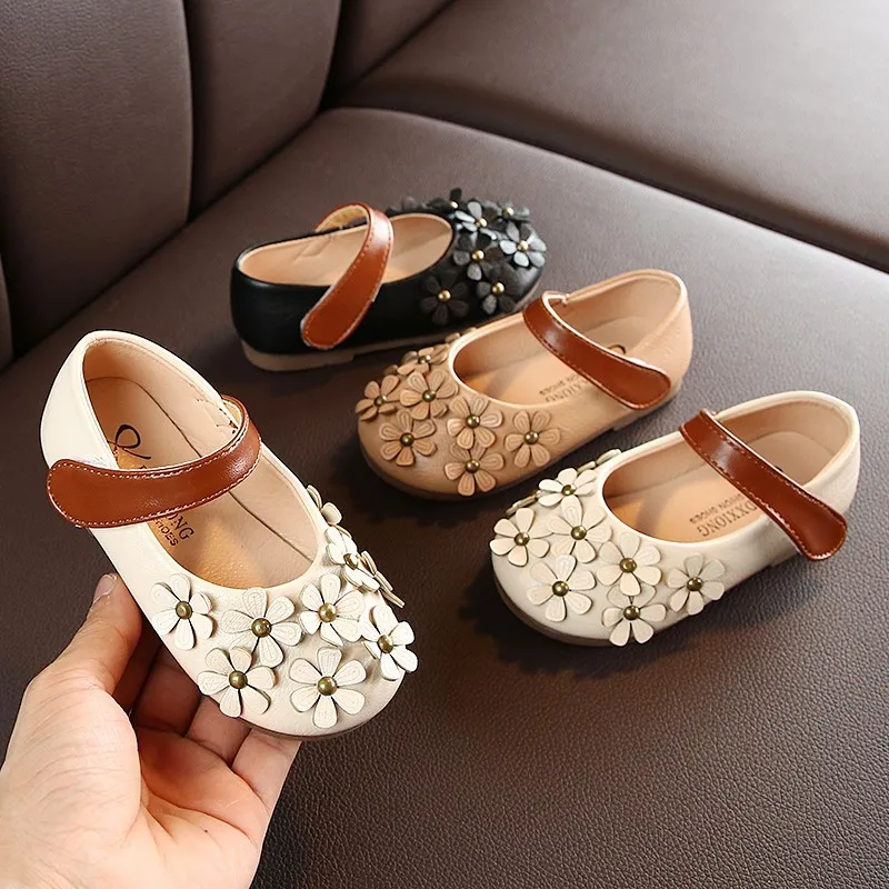 

Children's flat shoes lace up floral princess shoes student girls children's shoes soft bottom shallow mouth round leather shoes